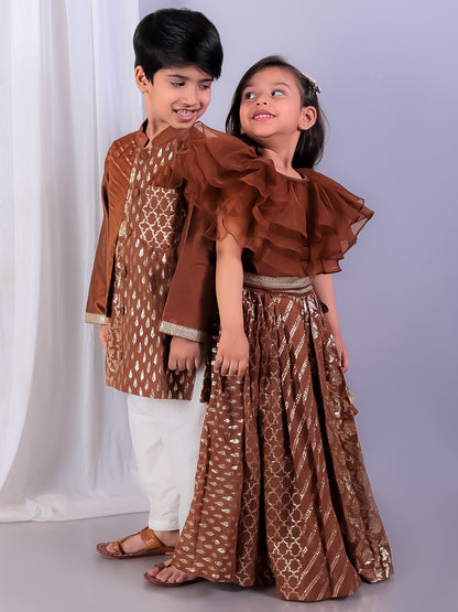 Brown  organza frill chanderi lehnga set