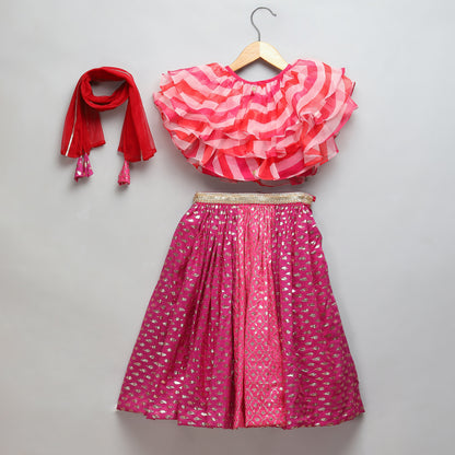 Pink Lehriya frill blouse and chanderi Lehnga set