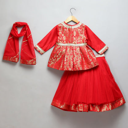 Red Brocade peplum lehnga set (Sale)