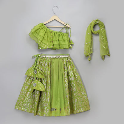 Green Off shoulder organza frill chanderi lehnga set