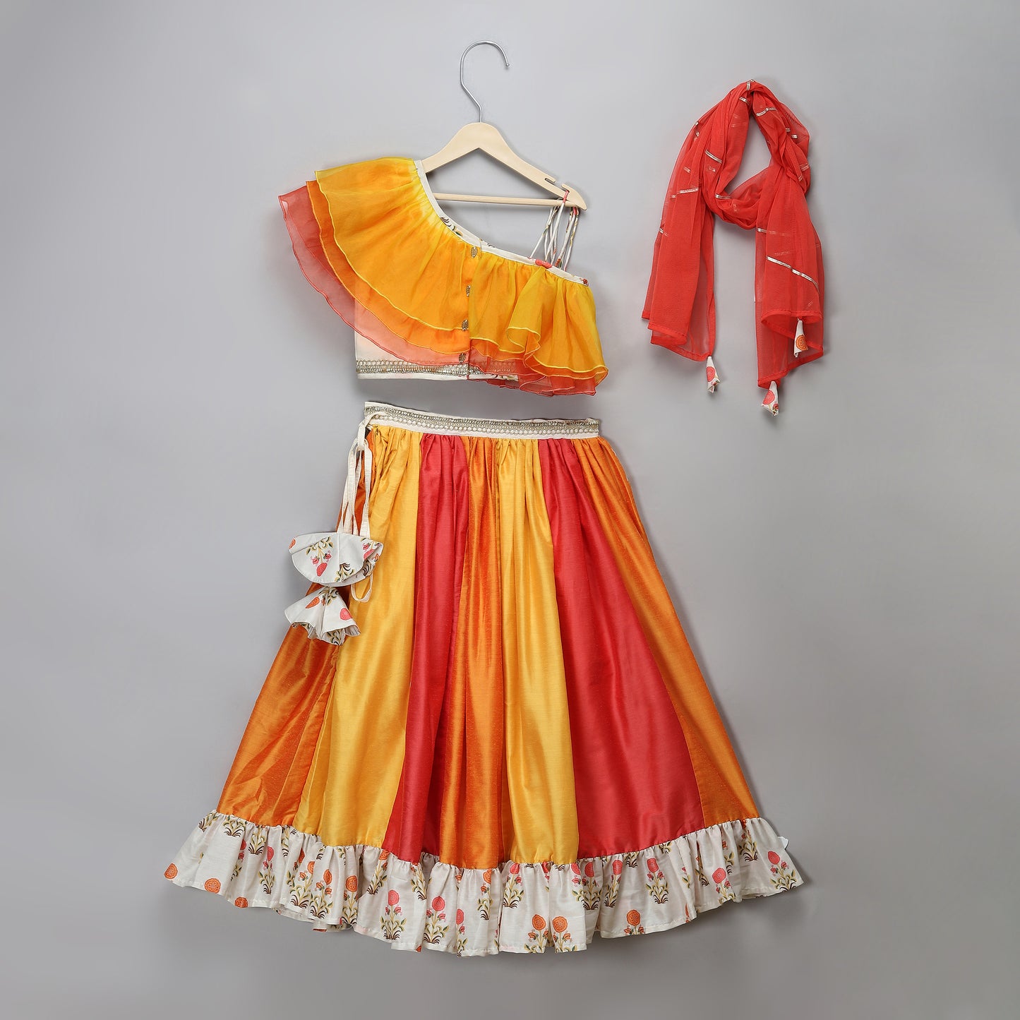 Orange Yellow frill organza lehnga set