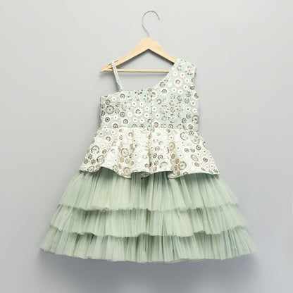 GREEN EMBROIDERY PEPLUM DRESS