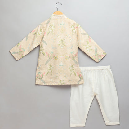 Parrot Printed Kurta Pyjama with Attached pastel jacket