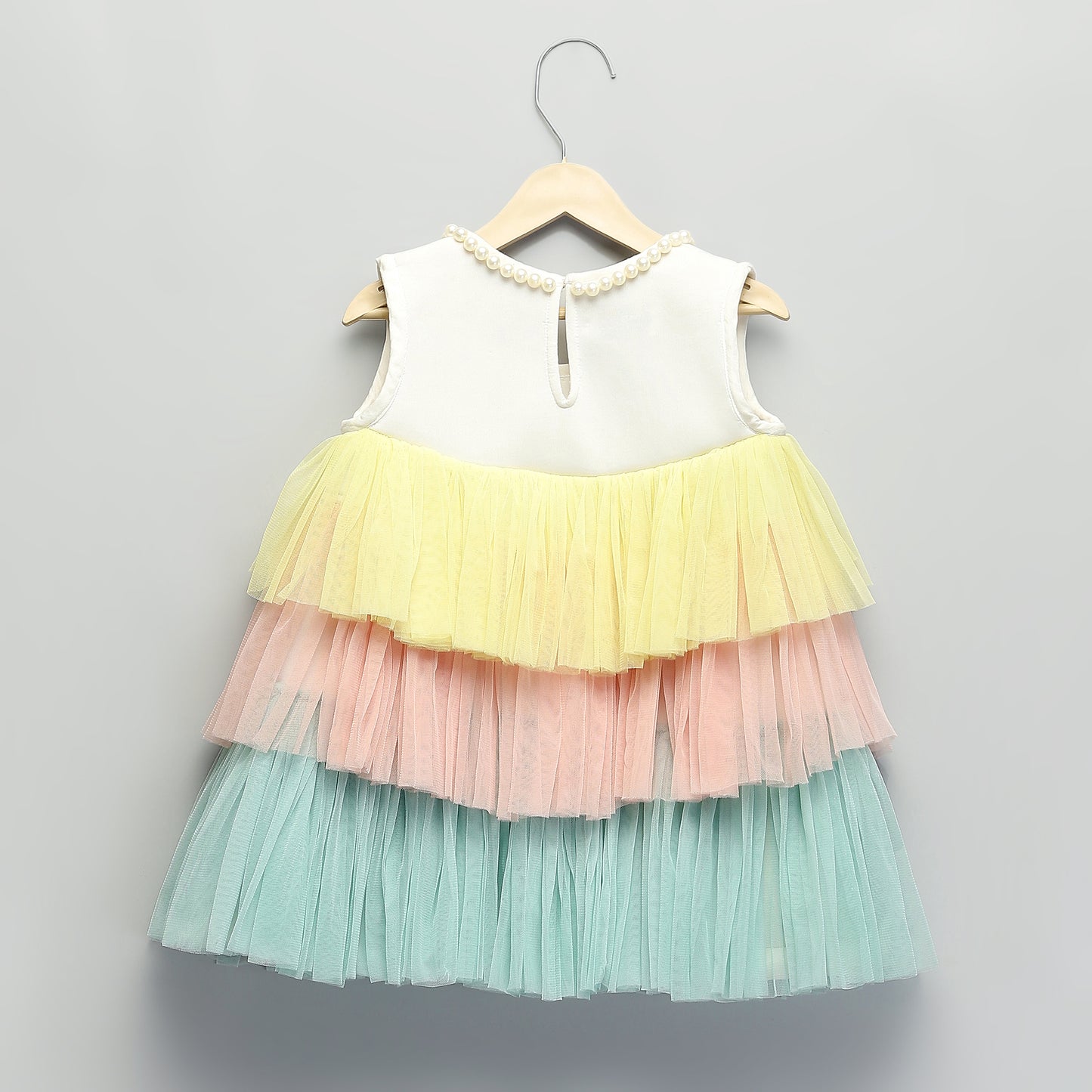 WHITE DRESS  WITH PASTEL COLOR RUFFLED DRESS