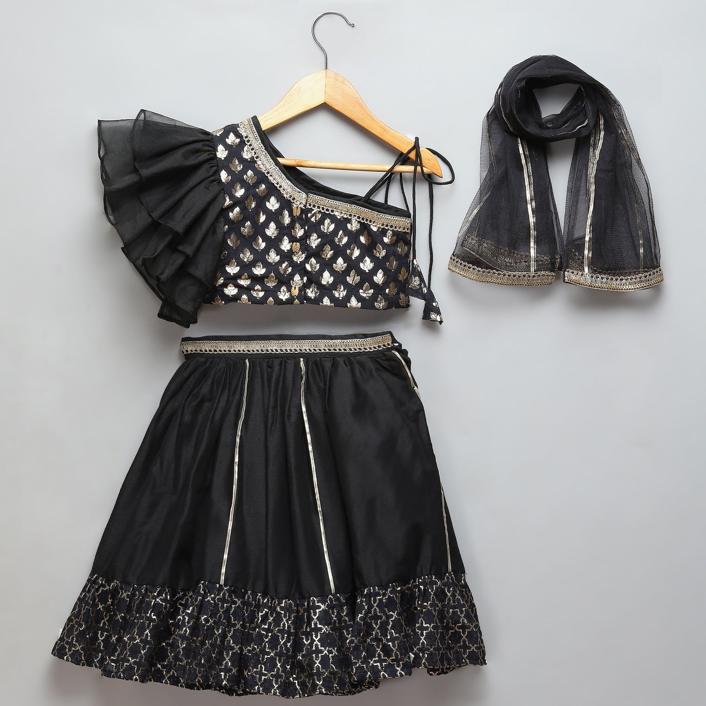 Black chanderi off shoulder lehnga set