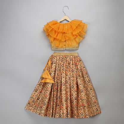 Golden Orange frill printed lehnga set