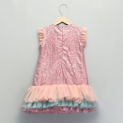 PINK SEQUINS WITH MULTI LAYERED RUFFLED DRESS