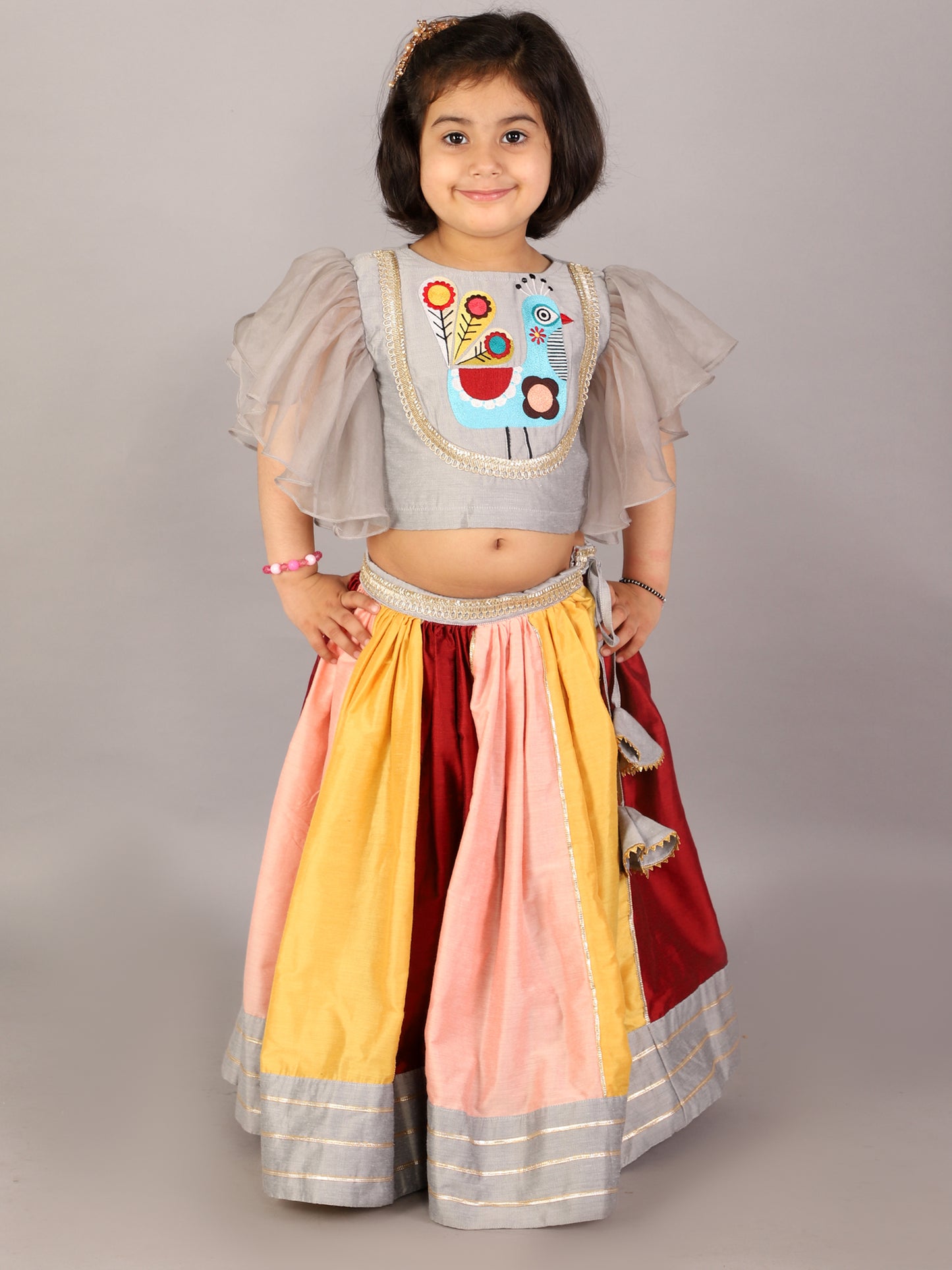 Grey Embroidered blouse with multicolored lehnga