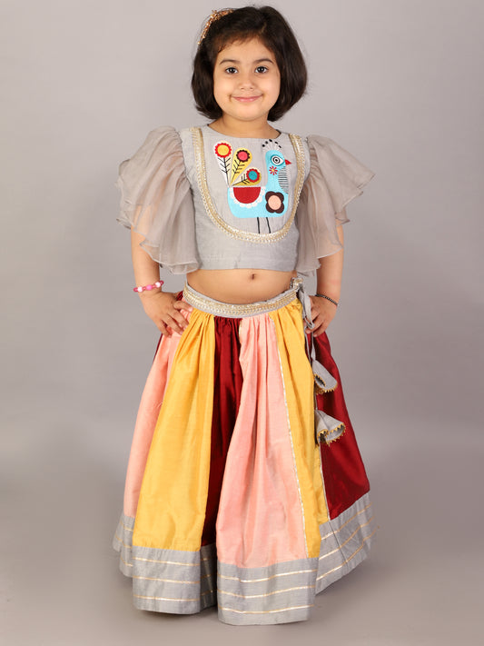 Grey Embroidered blouse with multicolored lehnga