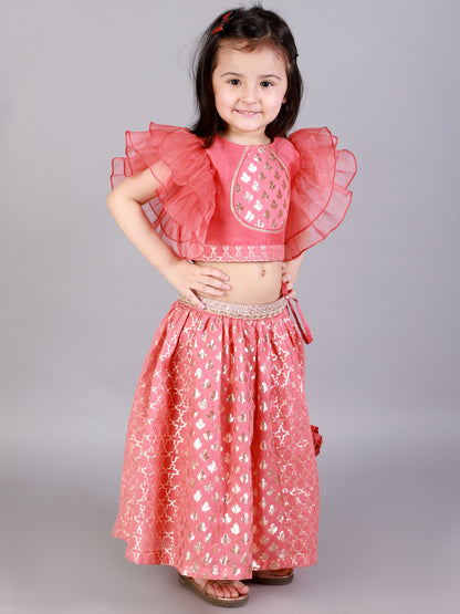 Coral Pink ruffled Blouse with Cotton Zari Lehnga