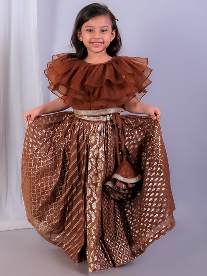 Brown  organza frill chanderi lehnga set