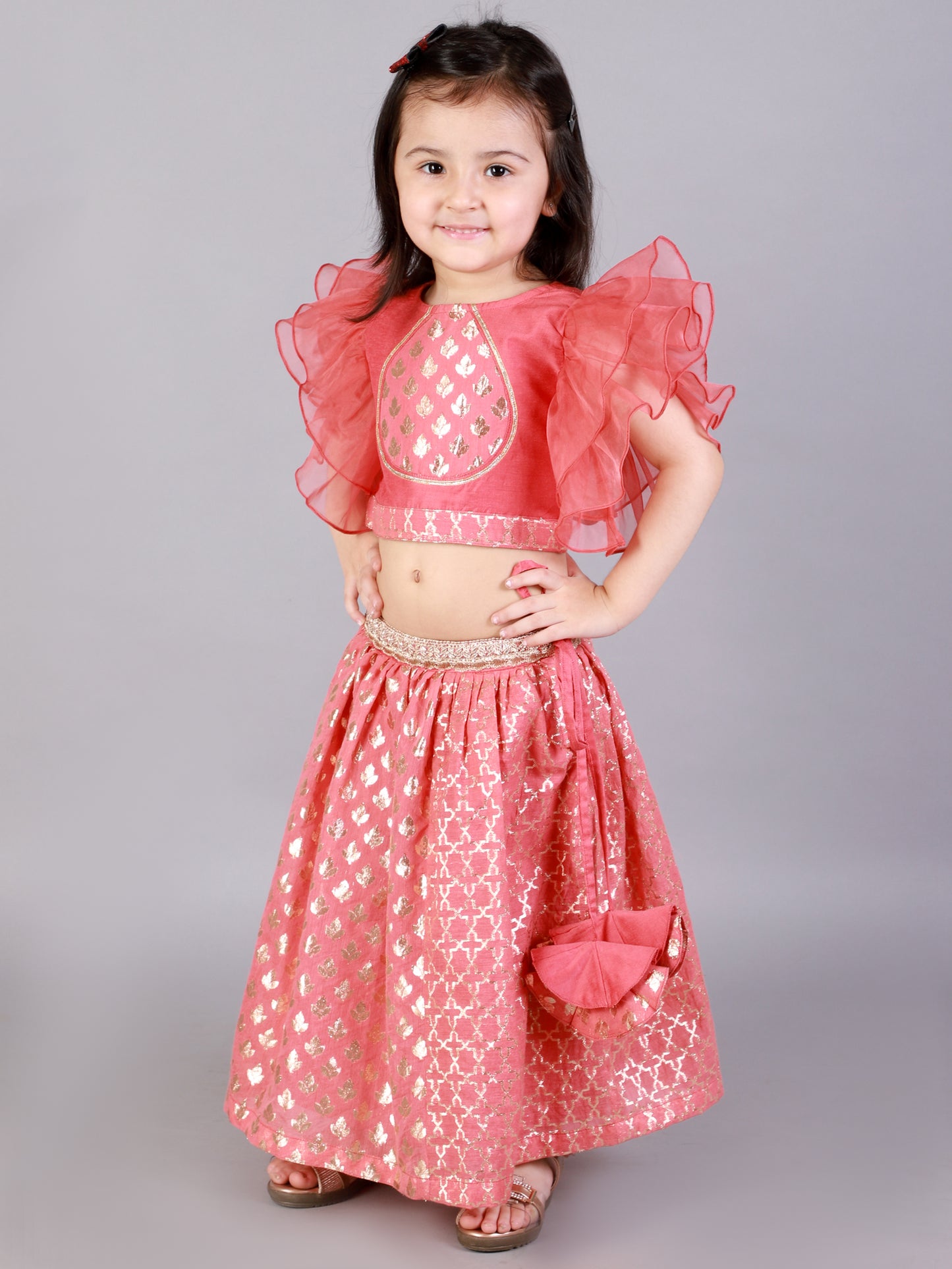 Coral Pink ruffled Blouse with Cotton Zari Lehnga