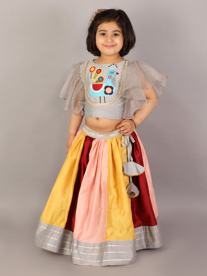 Grey Embroidered blouse with multicolored lehnga