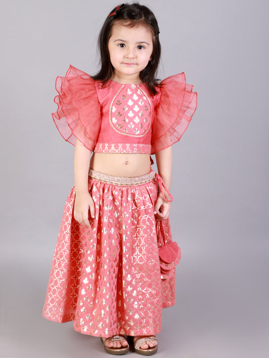 Coral Pink ruffled Blouse with Cotton Zari Lehnga