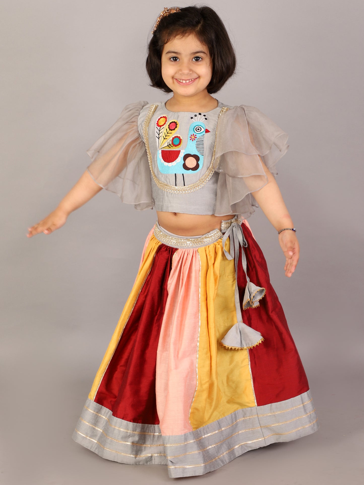 Grey Embroidered blouse with multicolored lehnga