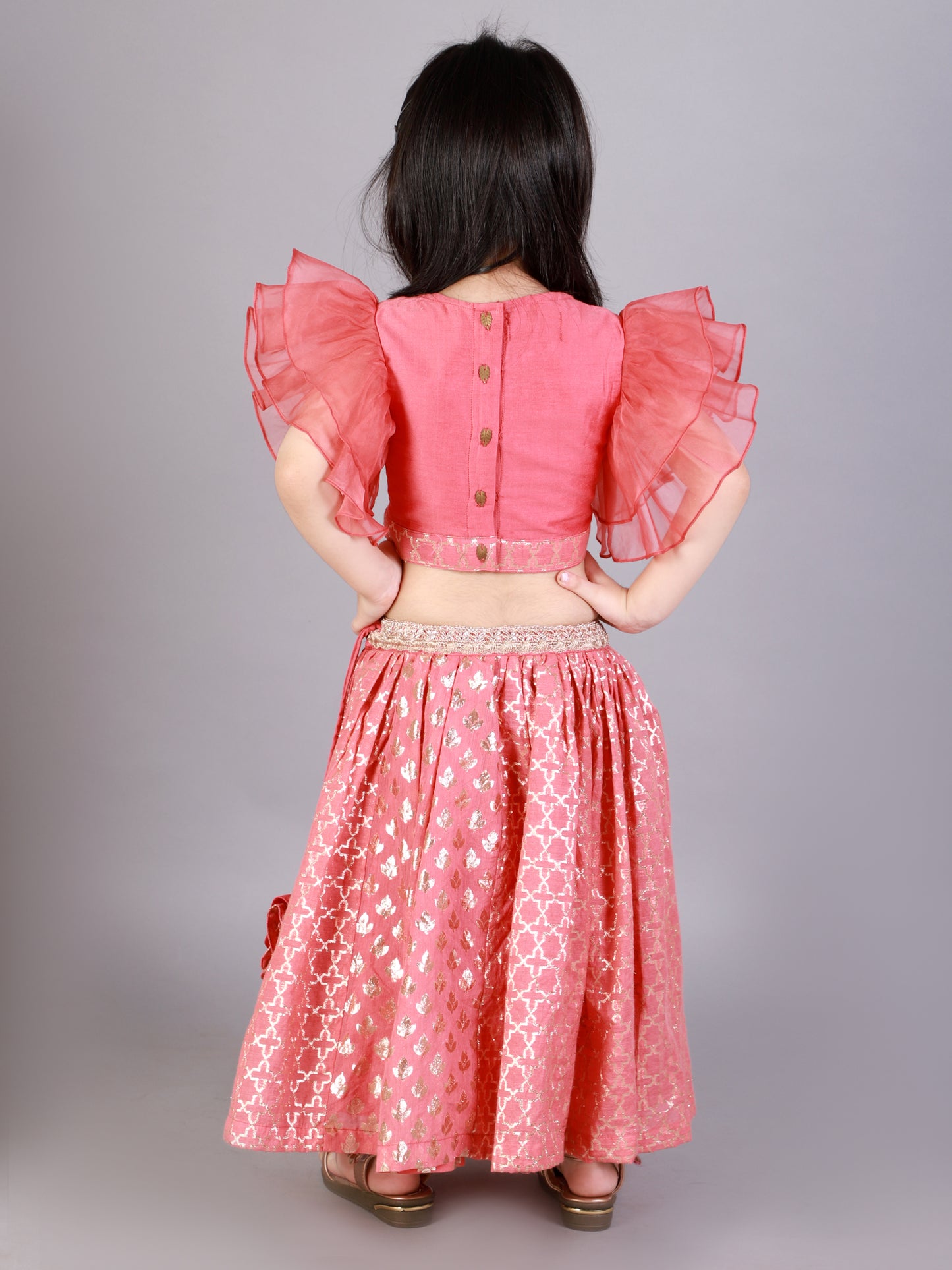 Coral Pink ruffled Blouse with Cotton Zari Lehnga