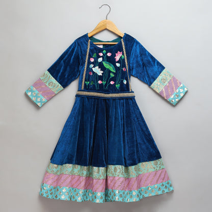 Blue Velvet Embroidered Anarkali Pants with Net Dupatta