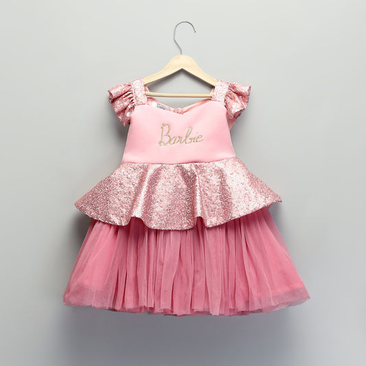 PINK SEQUINS BARBIE PEPLUM DRESS