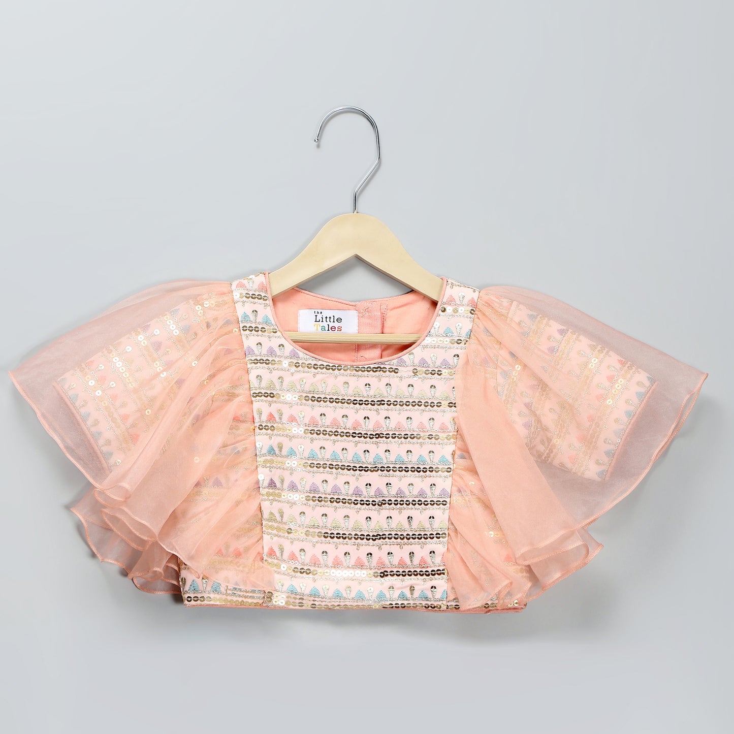 Peach organza and silk frilly blouse Lehnga set with duppata