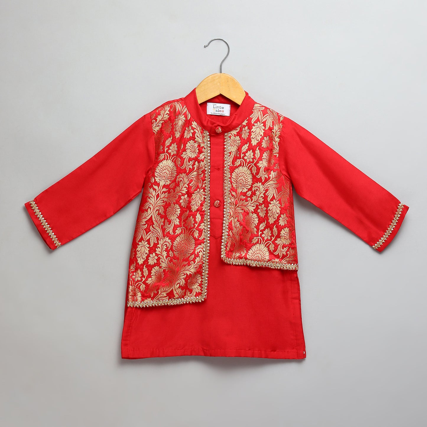 Red Kurta Pyjama with Attached Brocade jacket (Sale)