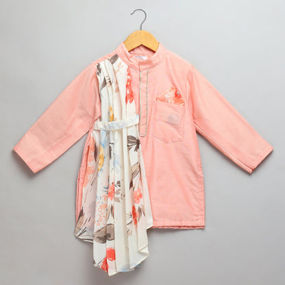 Assymetric pleat print Peach Kurta Pyjama