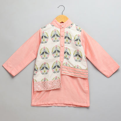 Peach Kurta Pyjama with Attached printed jacket