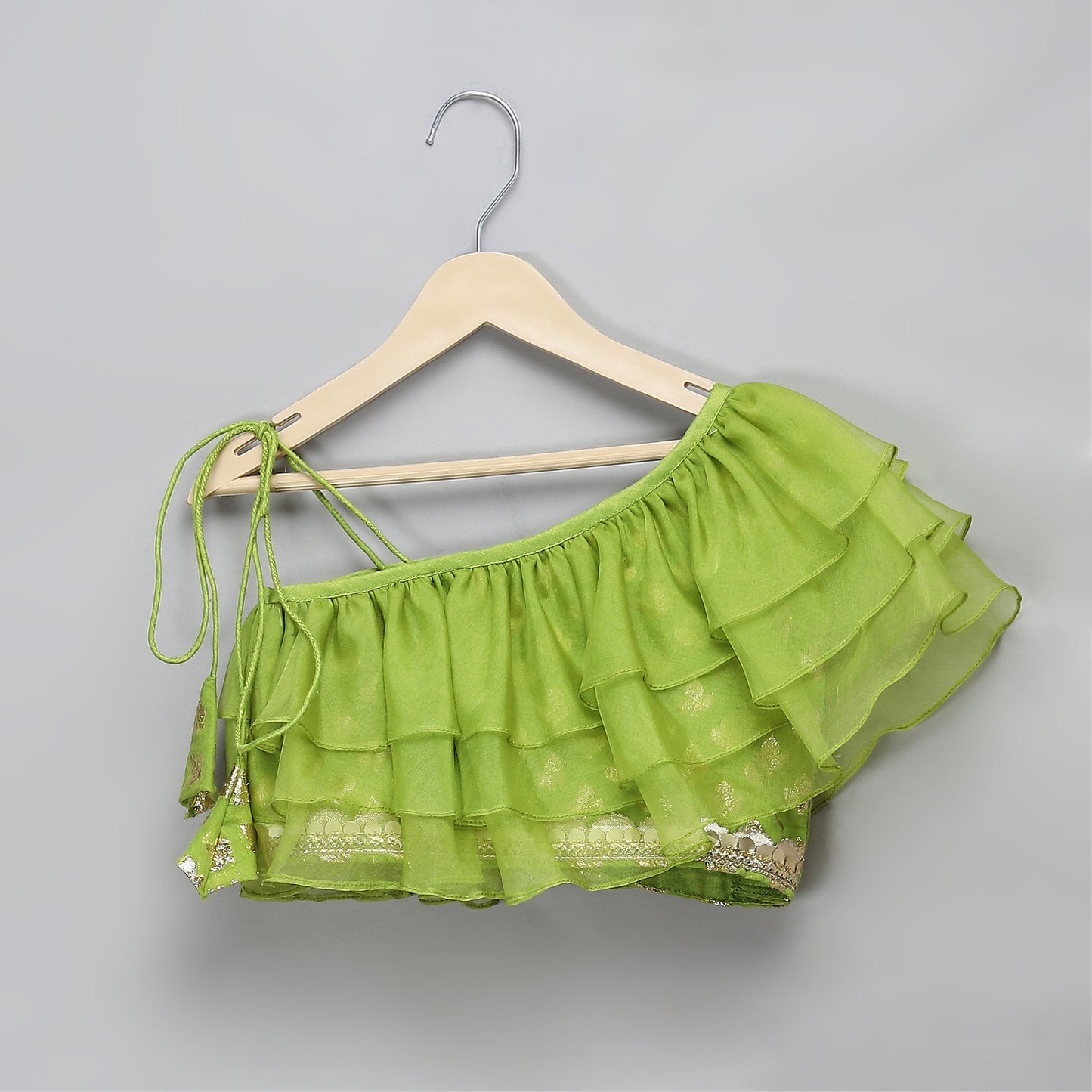 Green Off shoulder organza frill chanderi lehnga set