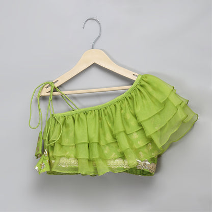 Green Off shoulder organza frill chanderi lehnga set