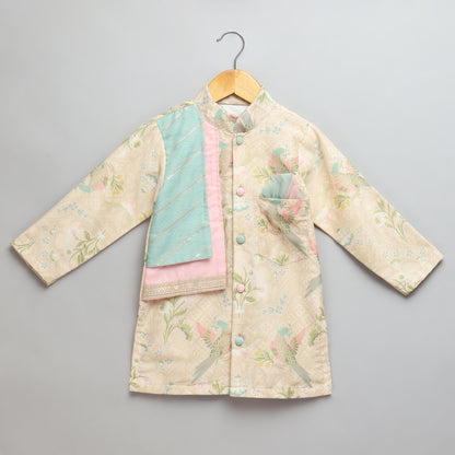 Parrot Printed Kurta Pyjama with Attached pastel jacket