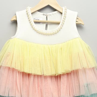 WHITE DRESS  WITH PASTEL COLOR RUFFLED DRESS