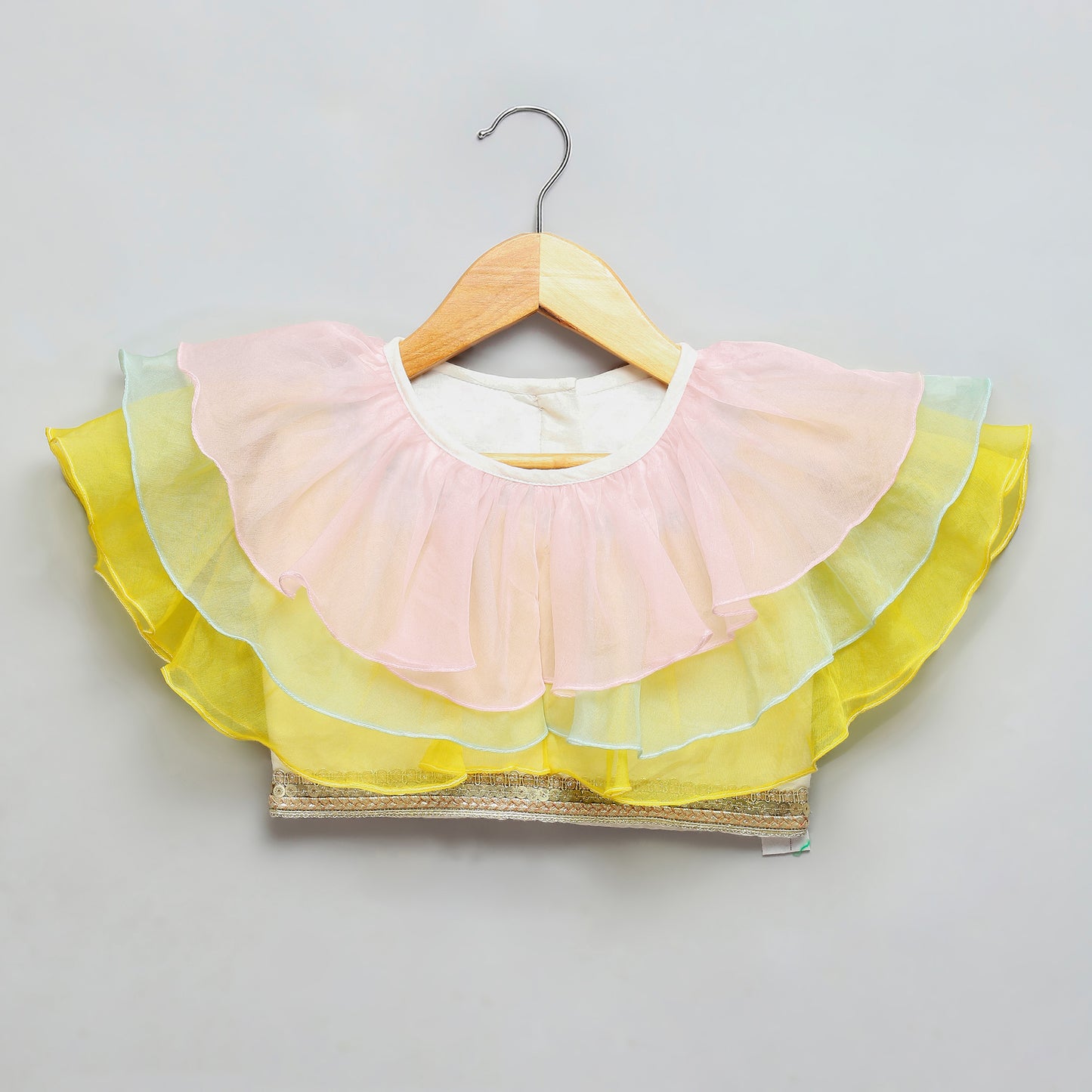 Pastel frill blouse with parrot print Lehnga