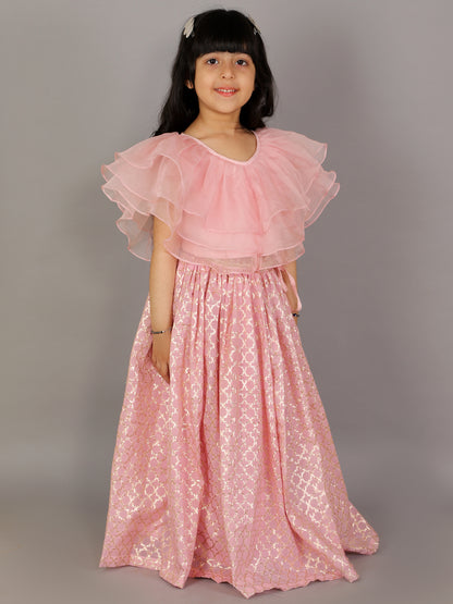 Light Pink Organza Ruffled blouse with Cotton Zari Lehnga