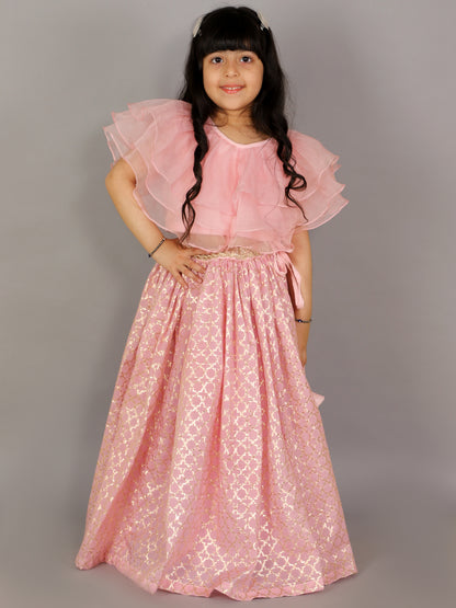 Light Pink Organza Ruffled blouse with Cotton Zari Lehnga