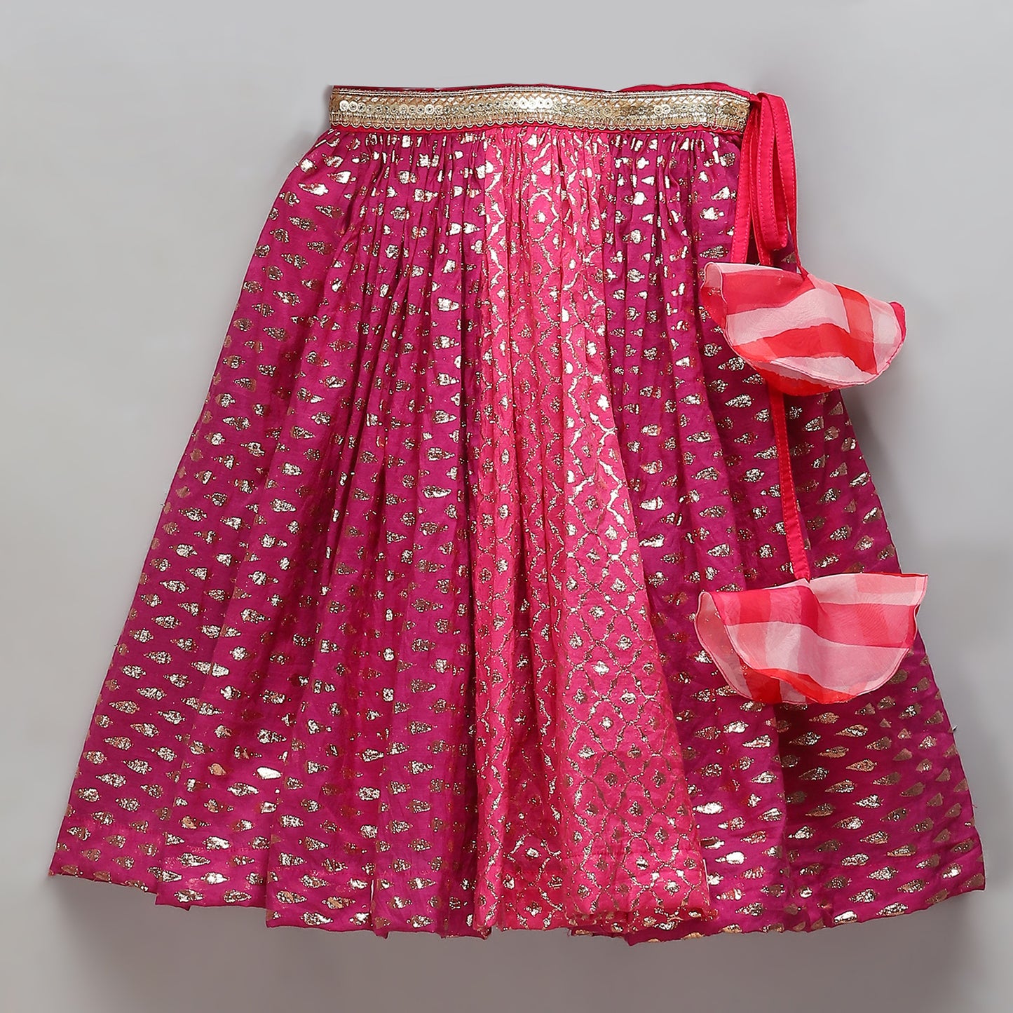 Pink Lehriya frill blouse and chanderi Lehnga set