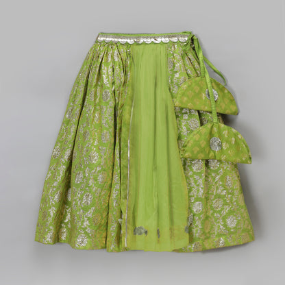 Green Off shoulder organza frill chanderi lehnga set