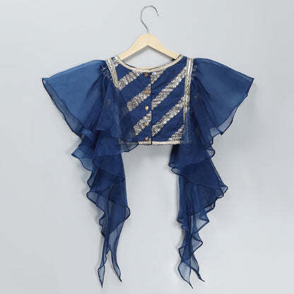 Blue Chanderi frill blouse lehnga set.