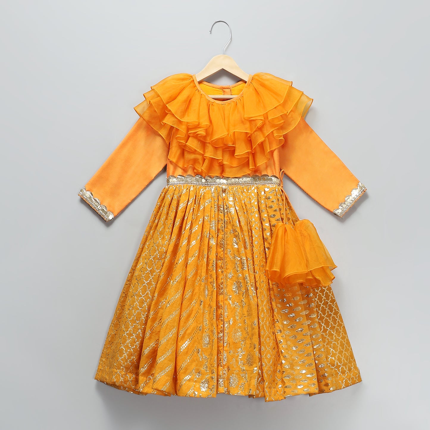 Orange frilly Chanderi Anarkali set with duppatta