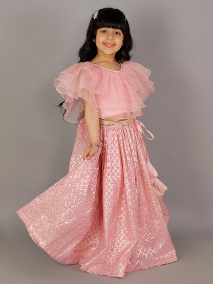 Light Pink Organza Ruffled blouse with Cotton Zari Lehnga