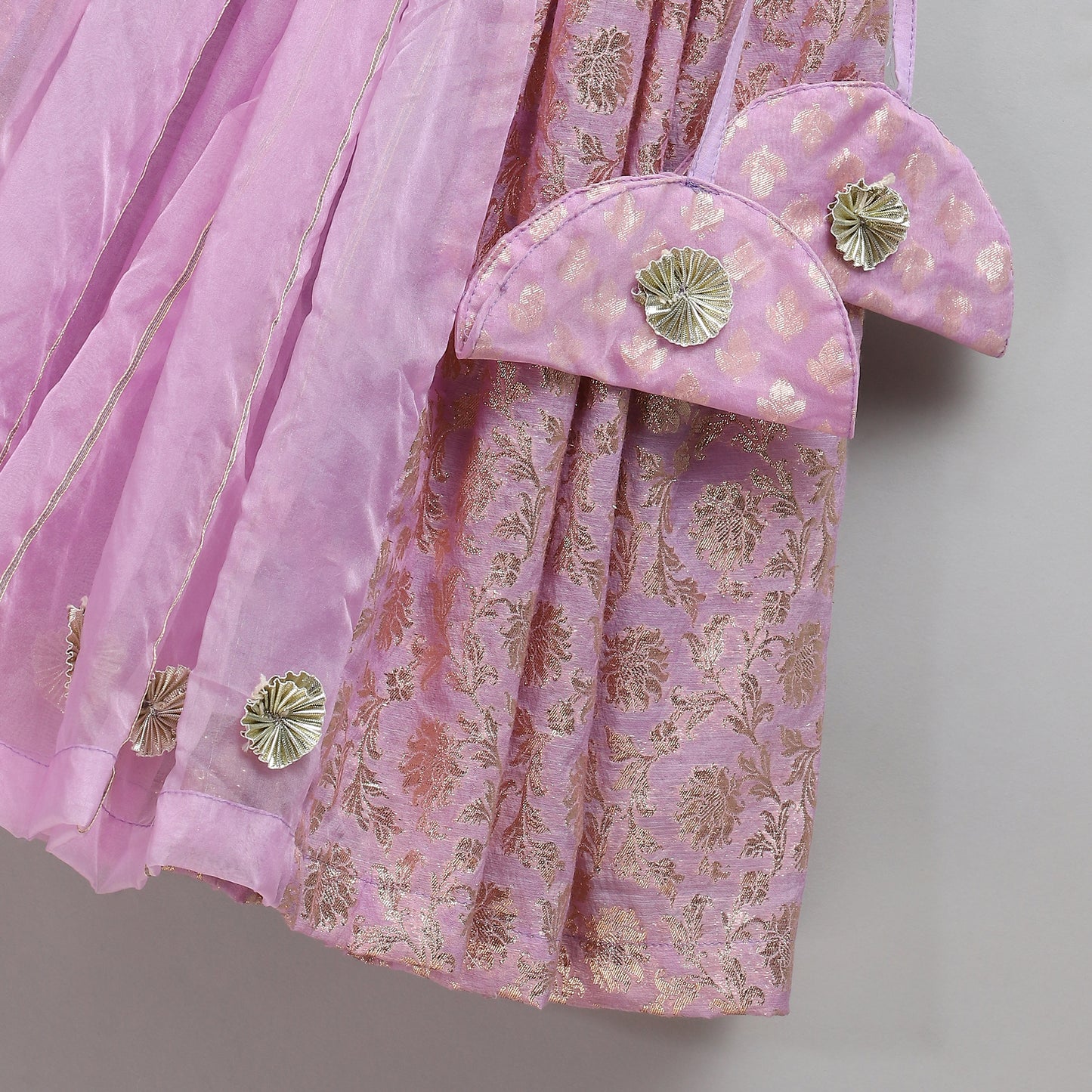 Lavendar Off shoulder organza frill chanderi lehnga set