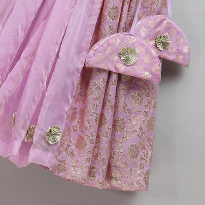 Lavendar Off shoulder organza frill chanderi lehnga set