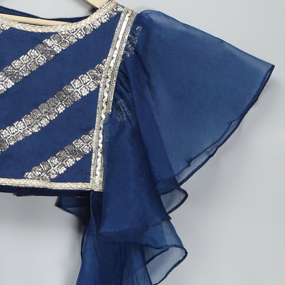 Blue Chanderi frill blouse lehnga set.