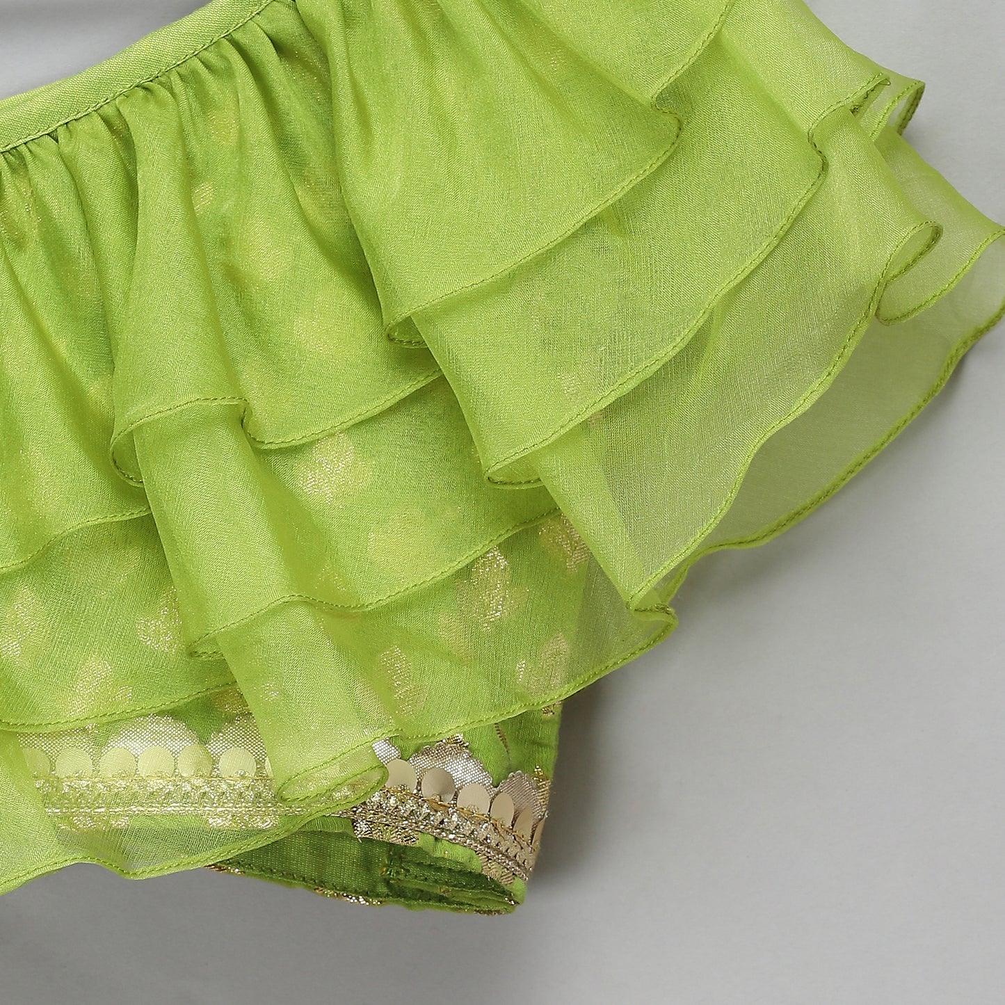 Green Off shoulder organza frill chanderi lehnga set