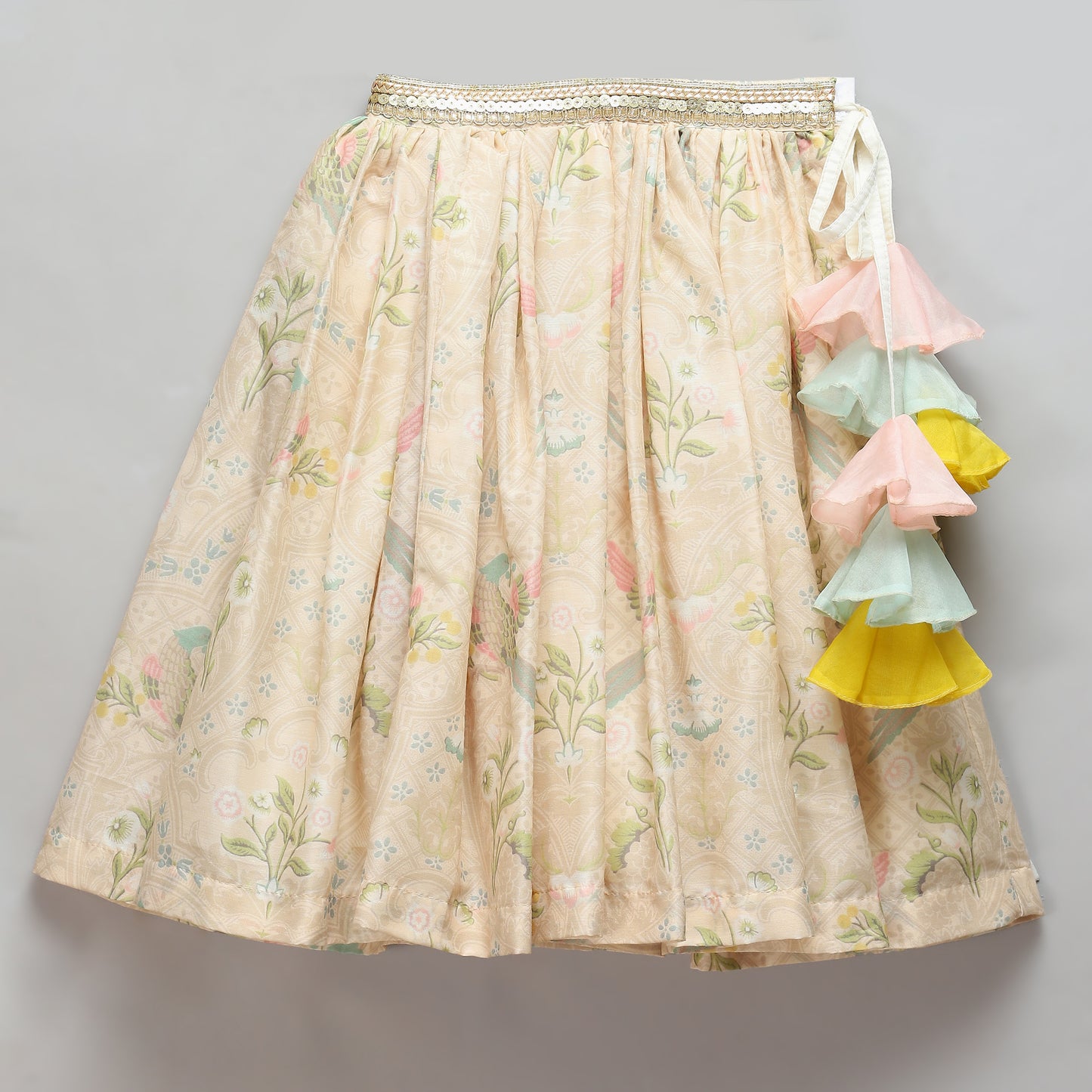 Pastel frill blouse with parrot print Lehnga