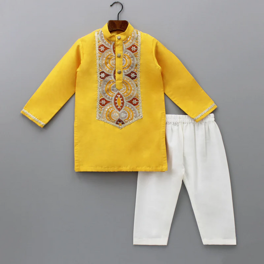 Embroidered Mustard Kurta And Off White White Pyjama (Sale)