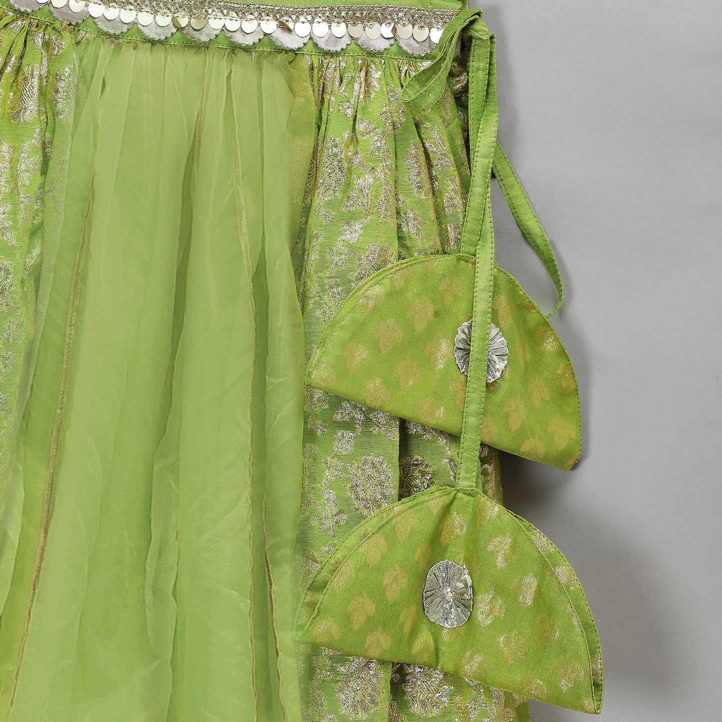 Green Off shoulder organza frill chanderi lehnga set