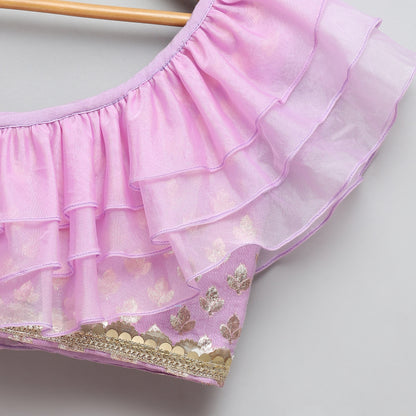 Lavendar Off shoulder organza frill chanderi lehnga set