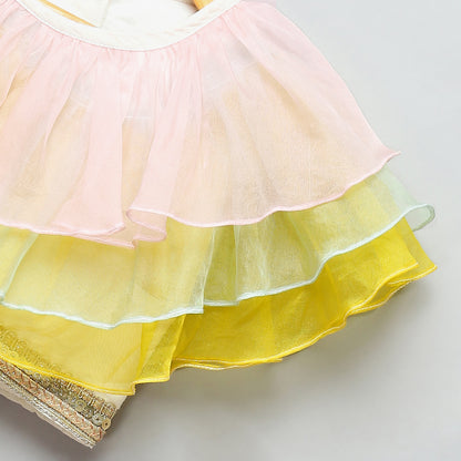 Pastel frill blouse with parrot print Lehnga