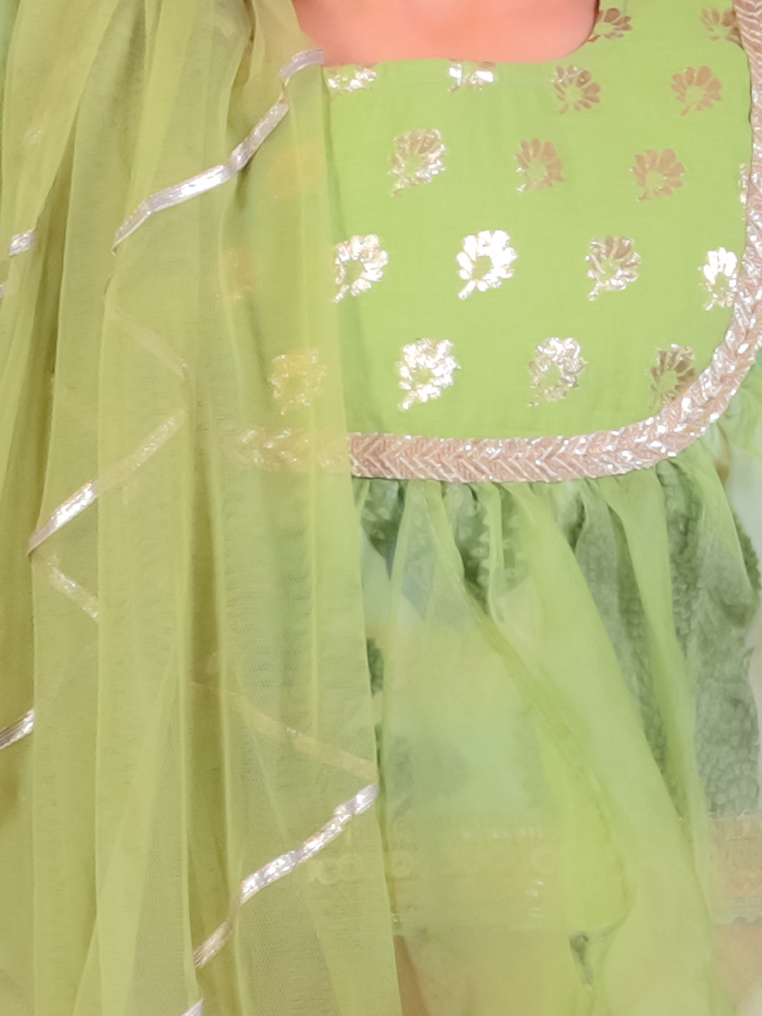 Green  organza frill printed  lehnga set with duppata