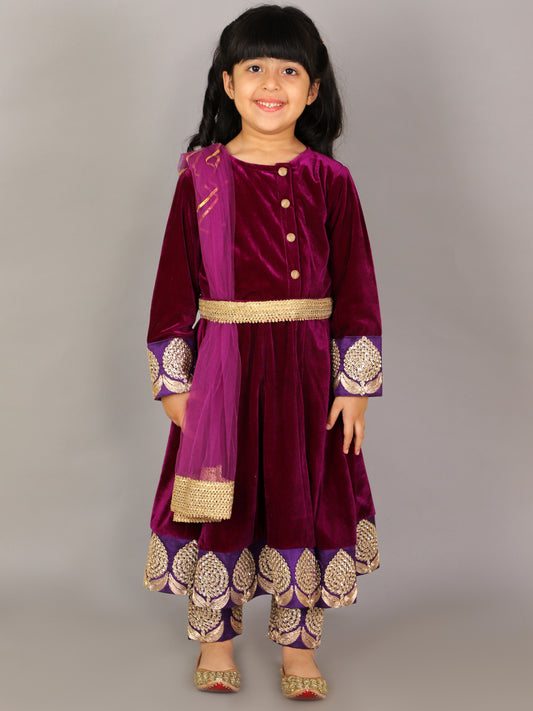 Purple Velvet Embroidered Anarkali Pants with Net Dupatta