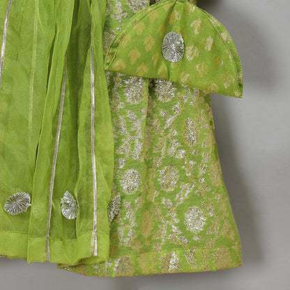 Green Off shoulder organza frill chanderi lehnga set